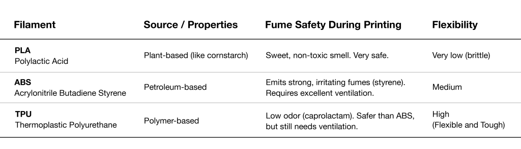 zone3Dplus TPU vs. Other Common Filaments